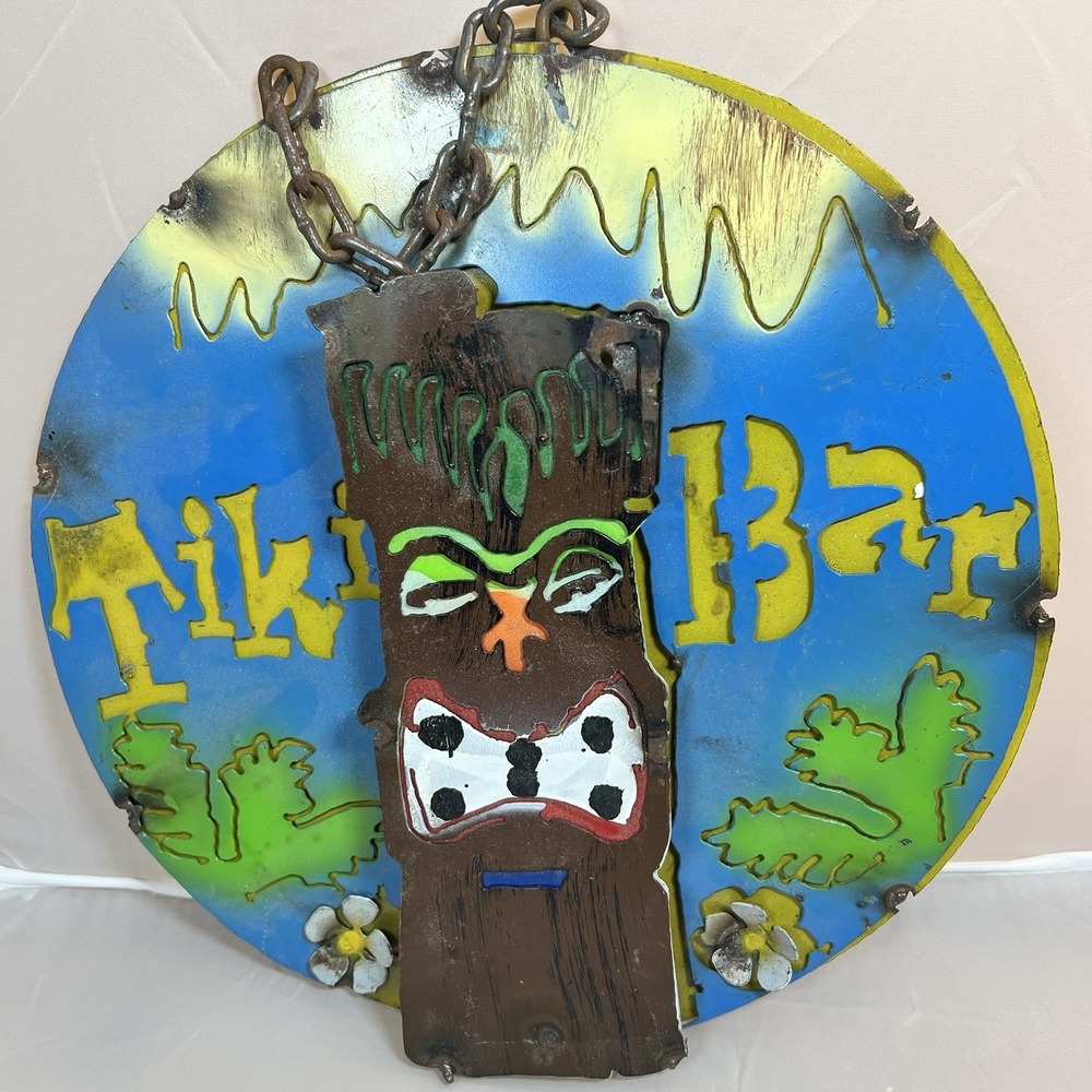 Tiki Beach Bar Tiki Hut Drink Sign 3-D Metal Wall Art 10x10 Handmade